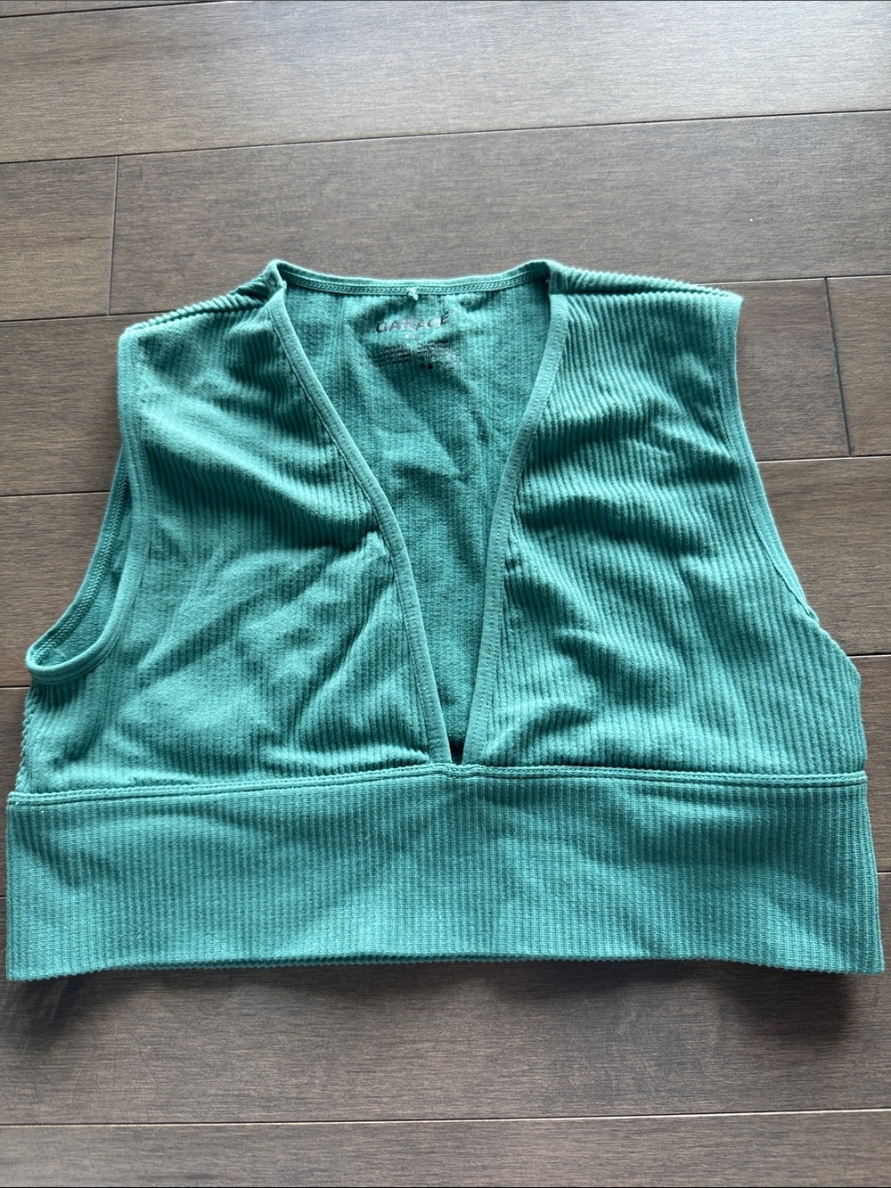 Garage Teal Ribbed Deep V Crop Tank